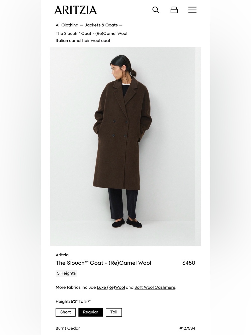 Aritzia The Slouch™ Coat - (Re)Camel Wool Sz M